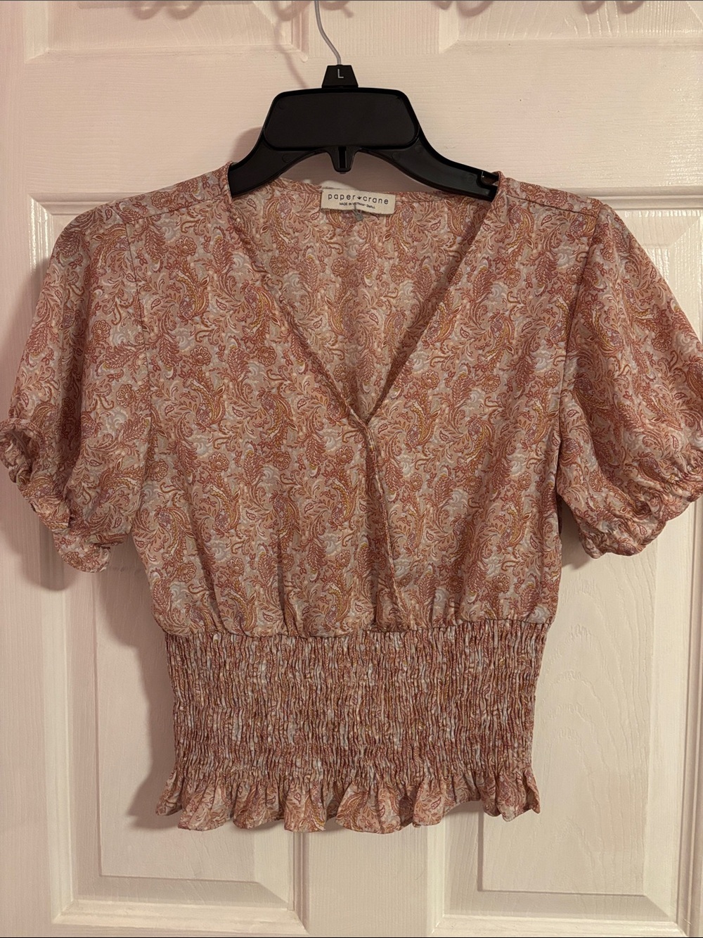 Paper Crane Pink Paisley Smocked-Waist V-Neck Blouse